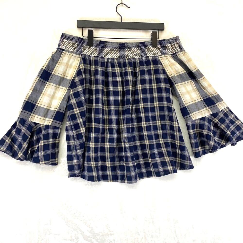 Ann Taylor Loft Women's Blue Plaid Off-the-Shoulder Blouse Flared Sleeves Sz L - Picture 2 of 7